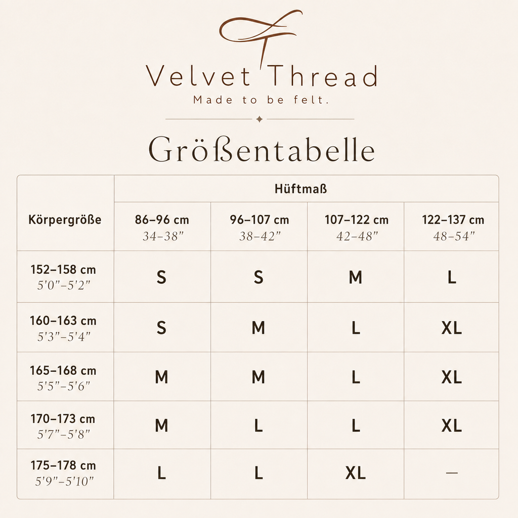Größentabelle für Velvet Thread Strumpfhosen mit Körpergröße und Hüftmaß zur Ermittlung der passenden Größe von S bis XL