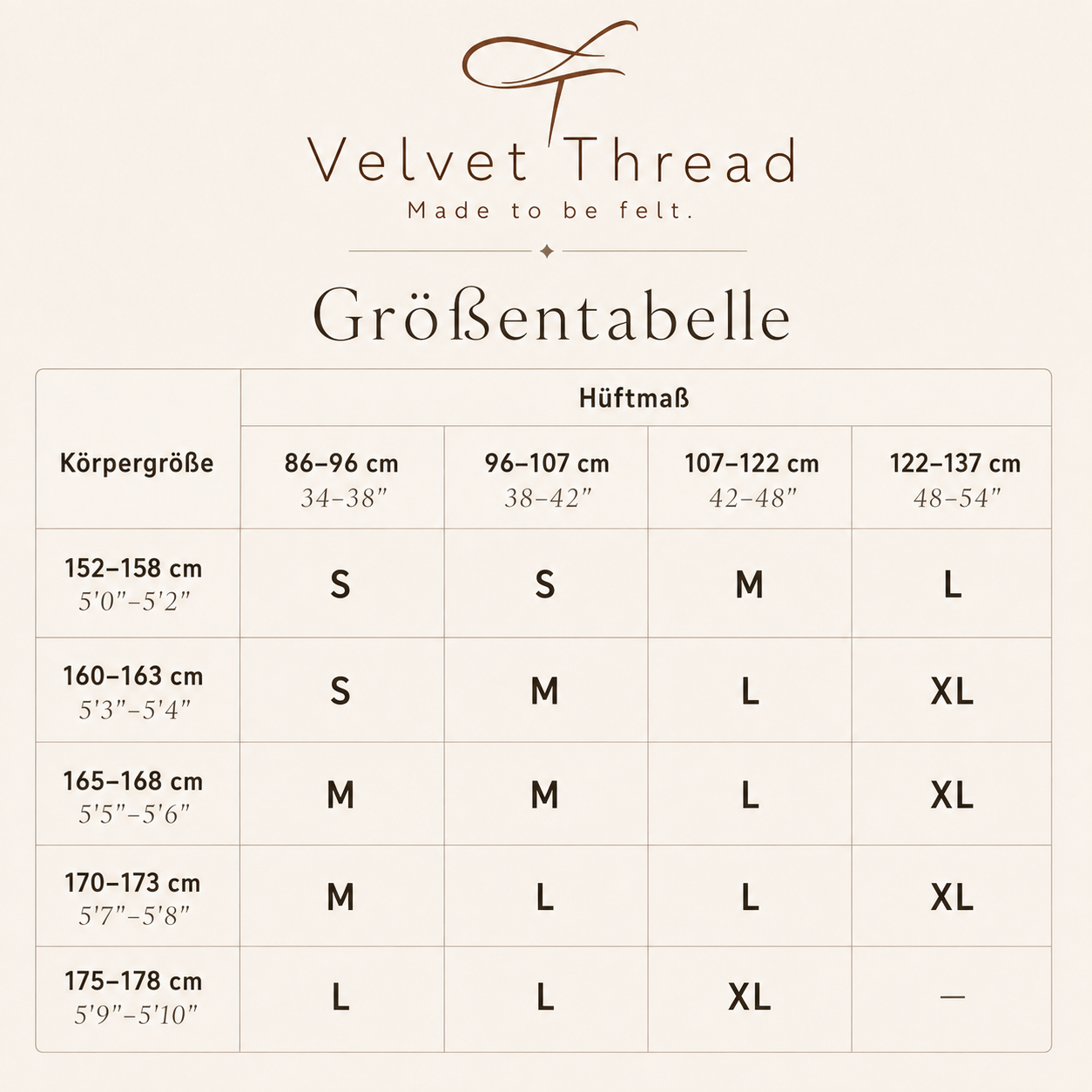 Größentabelle für Velvet Thread Strumpfhosen mit Körpergröße und Hüftmaß zur Ermittlung der passenden Größe von S bis XL